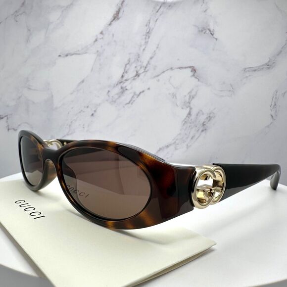 New Gucci Sunglasses Brown Tortoise Hailey Bieber Collaboration Oval Gold GG - Picture 6 of 16